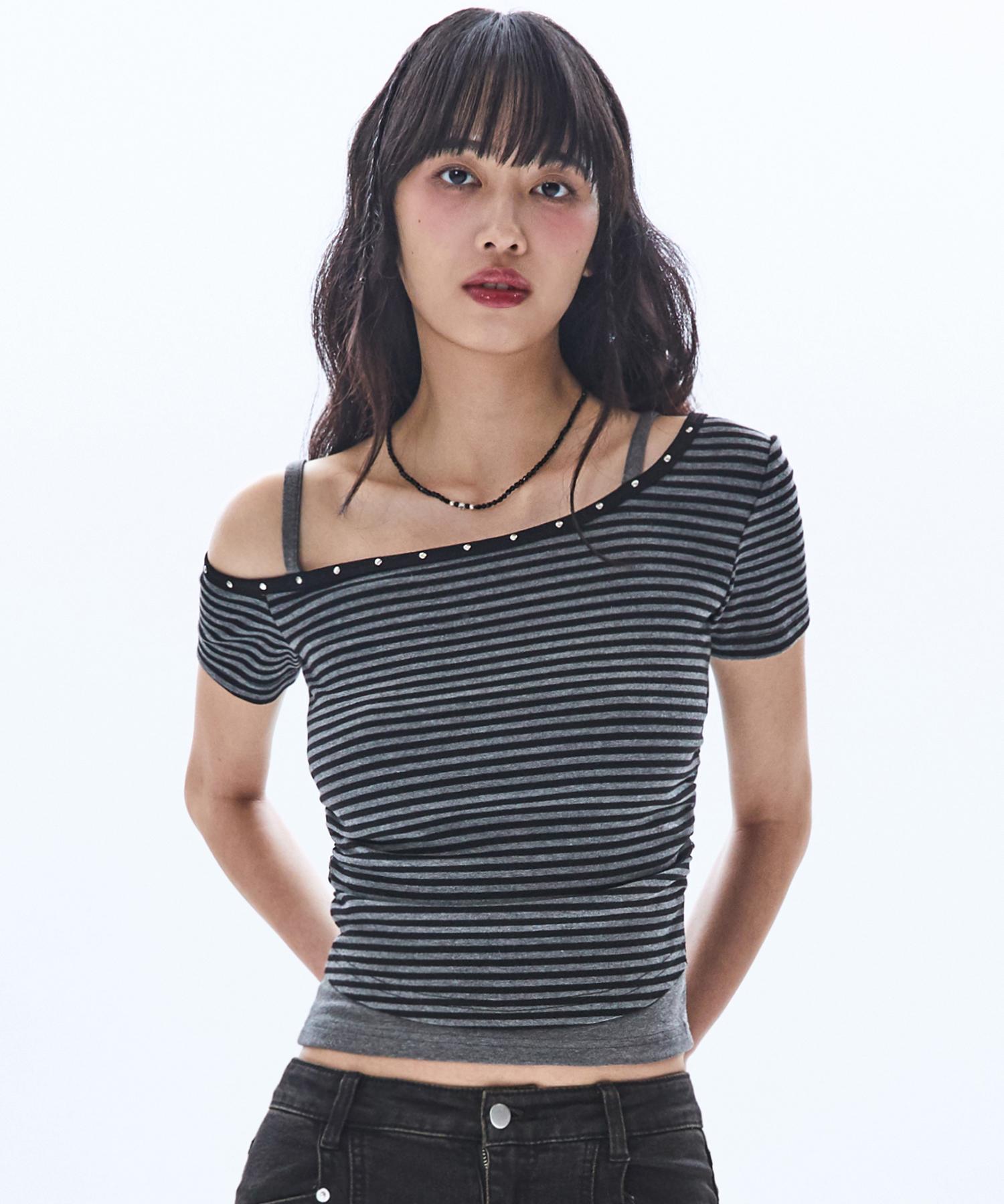 Raymont (W) Women S Asymmetrical Strap Layered Off-Shoulder Stripe_Black Color/Ws