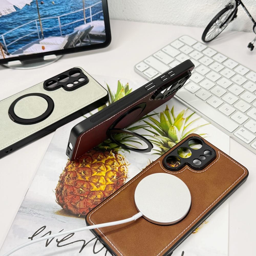 Matte Magnetic Rotating Bracket Leather Case for Samsung S26 S22 Ultra S25 FE S24 S23 Plus A56 for Magsafe Wireless Charge Cover