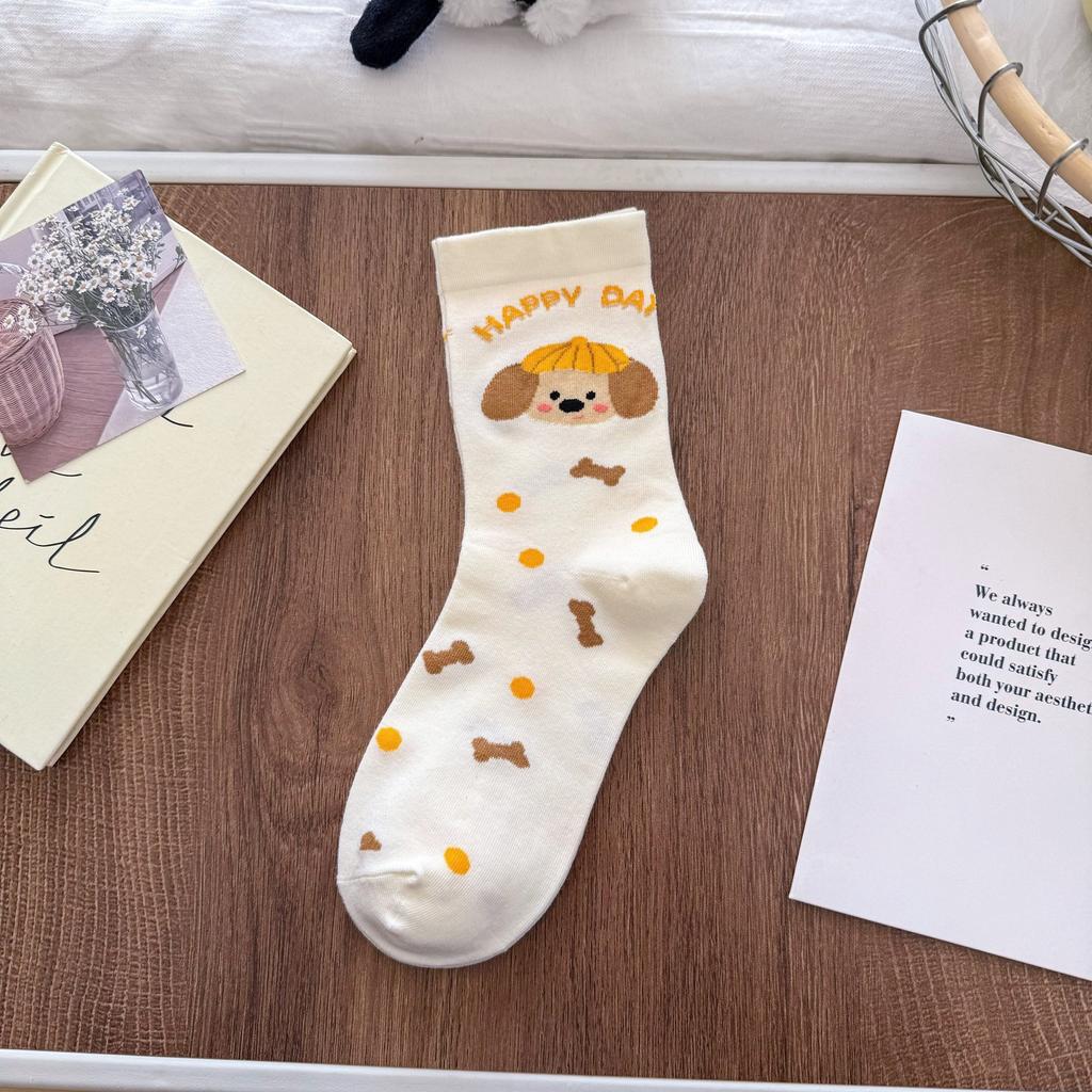 Illustration Puppy Socks Milk White Girls Sports Socks Korean Dachshund Dog Cream Cute Medium Tube Socks