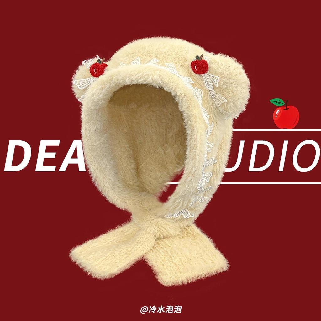 Winter Verdickte Behaarte Bärenohren Pullover Mütze Kinder Neu Apfel Spitzkante Nackenschutz Schleife Mütze Tide