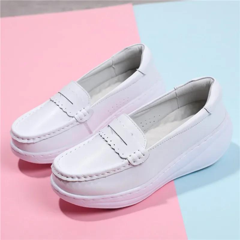 2025 White Genuine Leather Platform Loafers Women Nurse Shoes Round Toe Slip-on Thick Flats Breathable Soft Cowhide Chunky Mujer