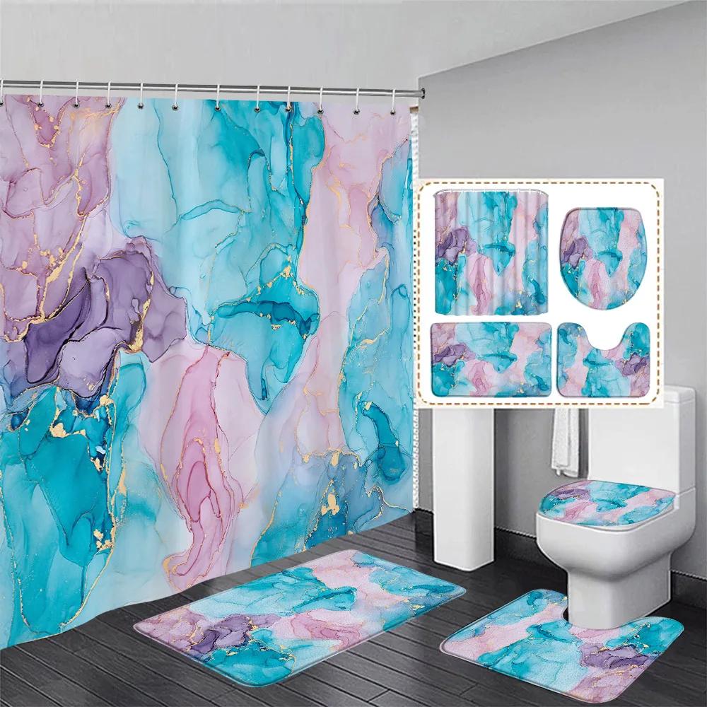 Marble Shower Curtain Set Creative Watercolor Ink Art Geometric Modern Bathroom Decor Floor Rug Bath Mats Toilet Lid Cover