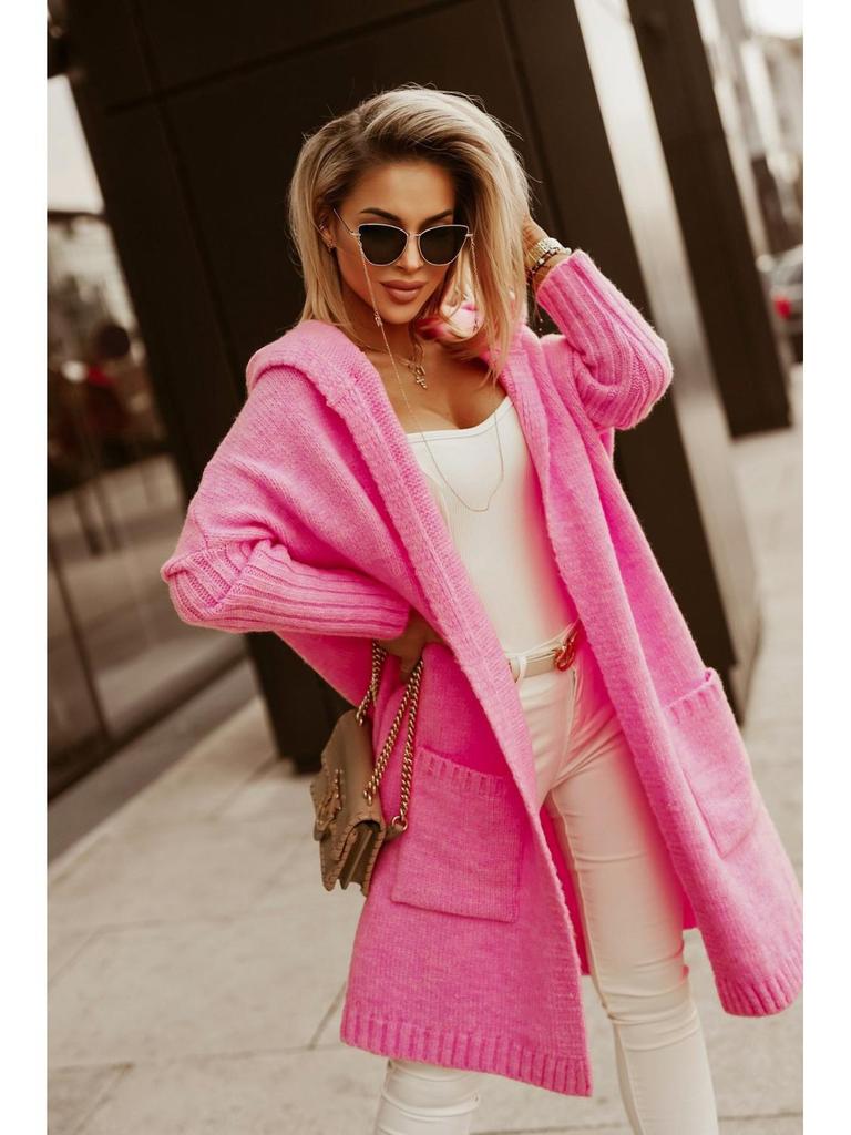 Autumn/Winter Hooded Long Cardigan Sweater with Turn-Down Collar and Letter Knit Design