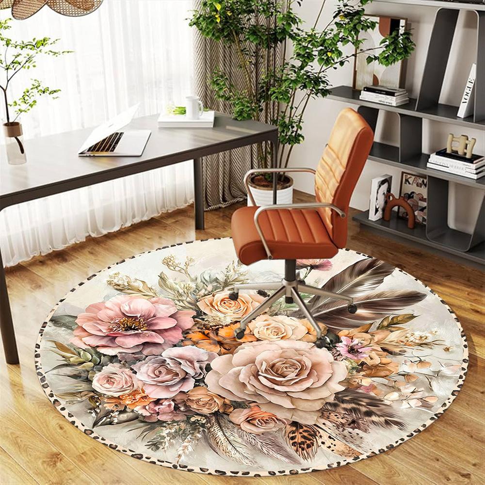 1PC Floral Feathers Office Round Area Rug, Under Office Chairs Bedroom Living Room Home Decor, Carpet for Office -1110110