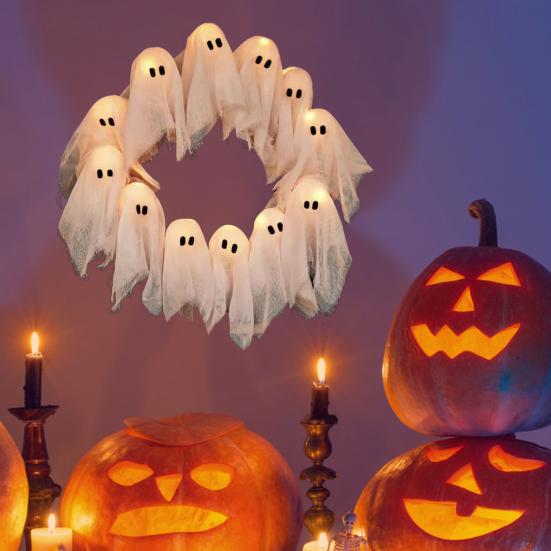 Lit Ghosts Wreath Halloween Ghost Garland with Lights Battery-Powered LED Light-Up White Spooky Garland Decoration