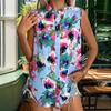 Women's Fashion Casual Summer Spring Flower Pattern Print Sleeveless Stand-collar Blouses & Shirts