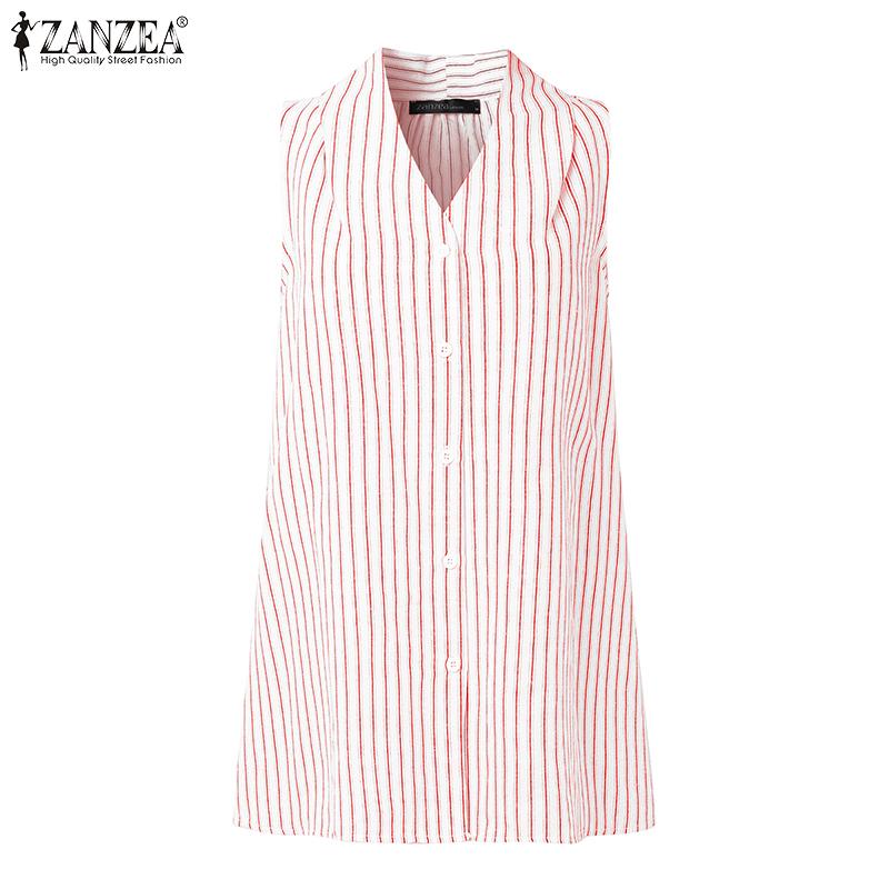 

ZANZEA Women V Neck Sleeveless Striped Buttons Up Blouses Tanks Tops 5XL красный