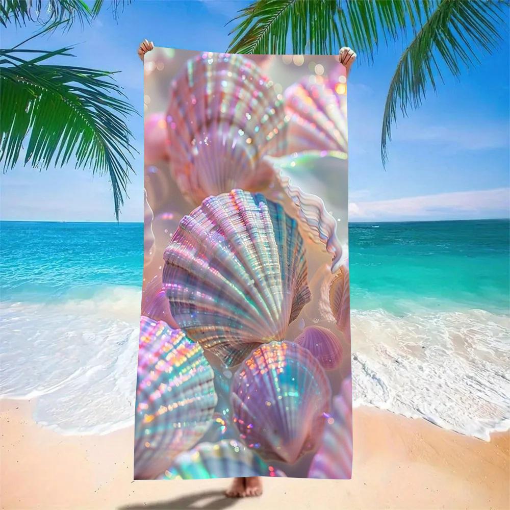 Microfiber Quick Dry Beach Towel - Seashell Ocean Print, Soft Lightweight Sandless Travel Blanket for Swimming, Gym, Yoga