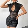 Slim-fit street lace semi-transparent hollow sexy lace-up fishbone breasted turtleneck three-sleeved top women
