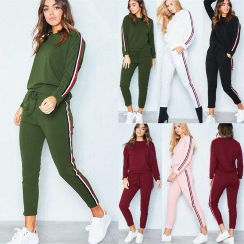 Women's 2 Pcs/set Tracksuits Comfy Striped Loungewear With O-neck And Drawstring