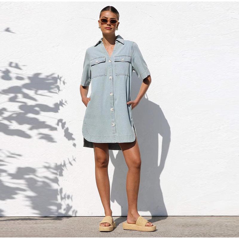 Spring Summer Denim Shirt Dress 2025 Women's Casual Loose Single Breasted Dress Simple Retro Commuter Female Office Denim Short Dresses