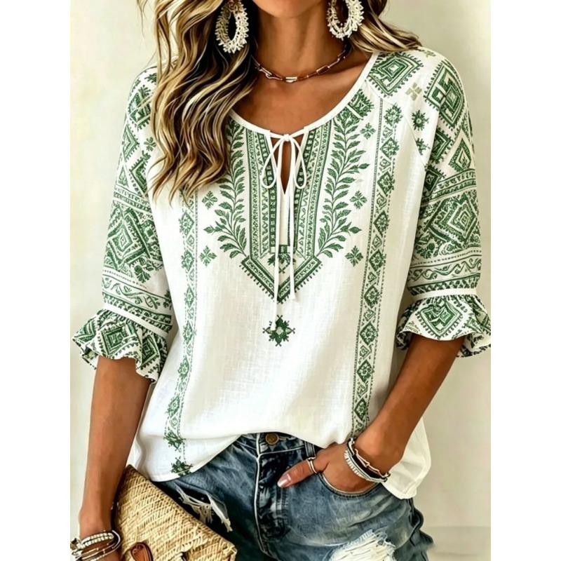 Damen Weiße Bunte Floral Bestickte Krawattenhals Bluse, Lässige Lockere Oberteile für Frühling Sommer Tägliches Tragen & Urlaubsanlässe