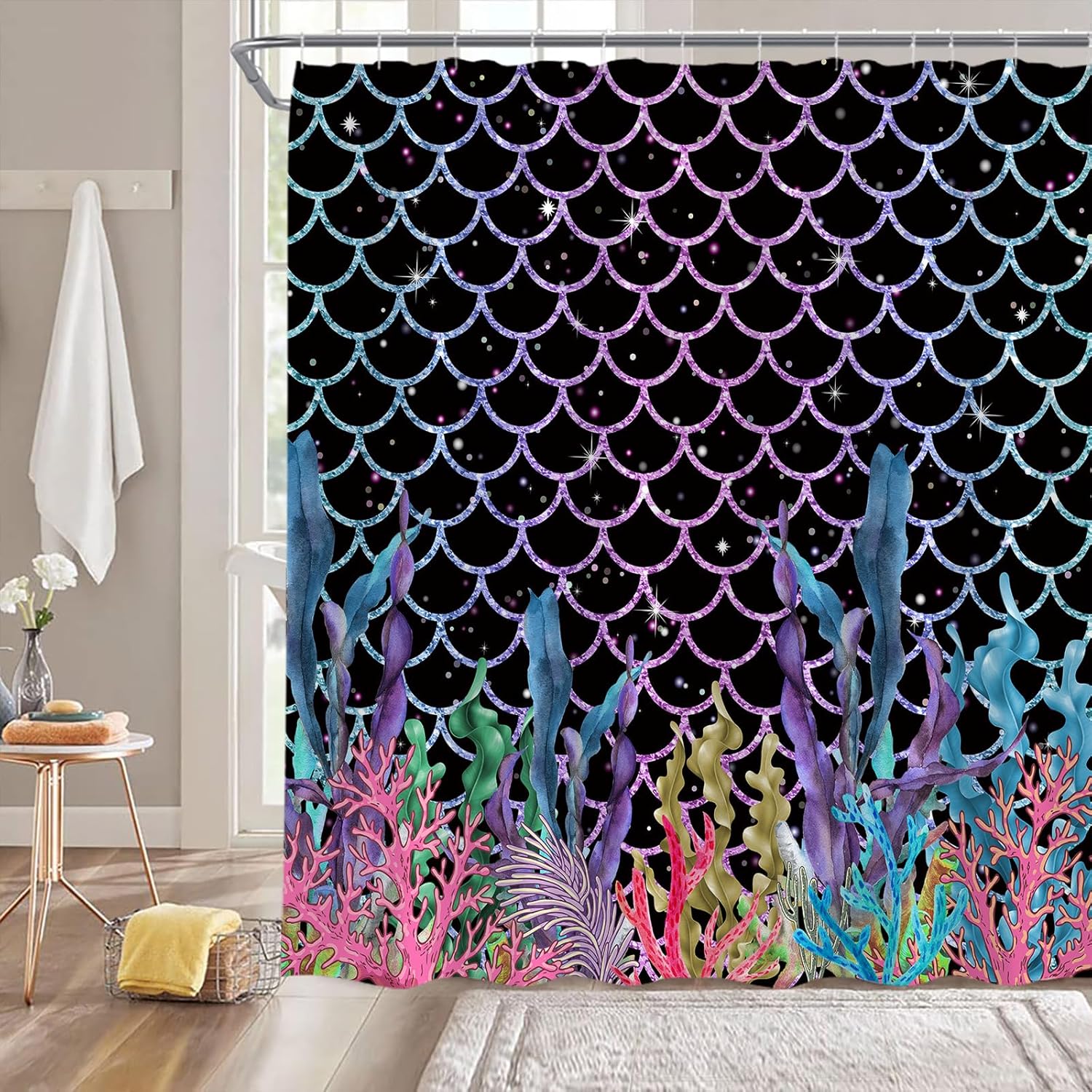 Mermaid Shower Curtain Blue Pink Mermaid Scales Ocean Coral Girls 3D Fabric Bathroom Decor Curtain With Hooks,70X70(Wxh) Inches W60H190(CM)-1 Pcs
