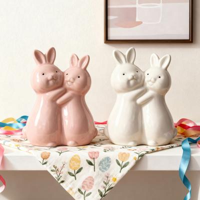 Easter Hugging Rabbit Ceramics Figurine Miniature Pink White Couple Bunny Statue Home Office Desktop Decoration Ornament