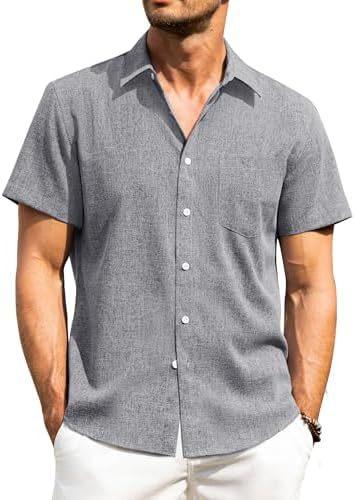 Alimens & Gentle Men's Linen Shirt Short Sleeve Button Up Shirt Wrinkle Free Casual Vacation Beach Summer