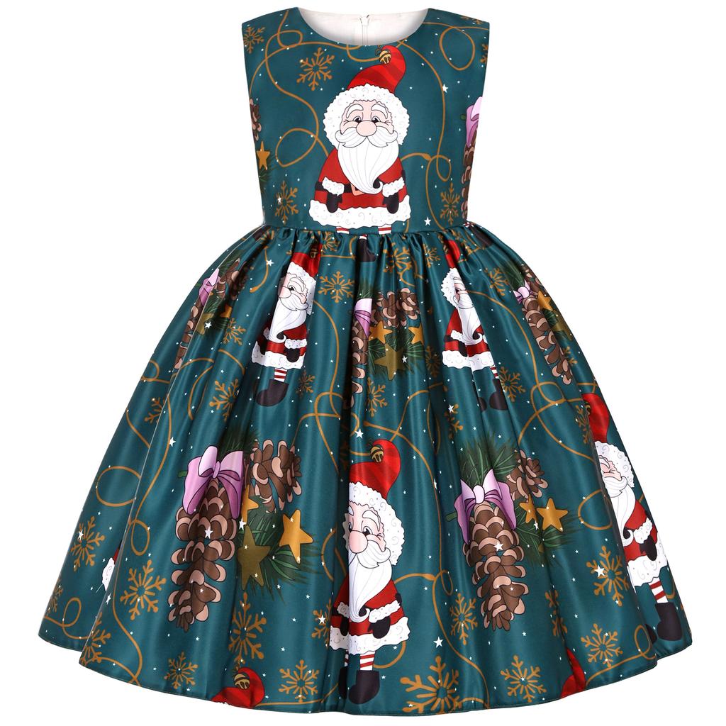 Children's Christmas Dress Cartoon Print Bow Dress Christmas Performance Sparkling Kids Birthday Dress Elegant Soft Party Dress Ball Gown for Girls