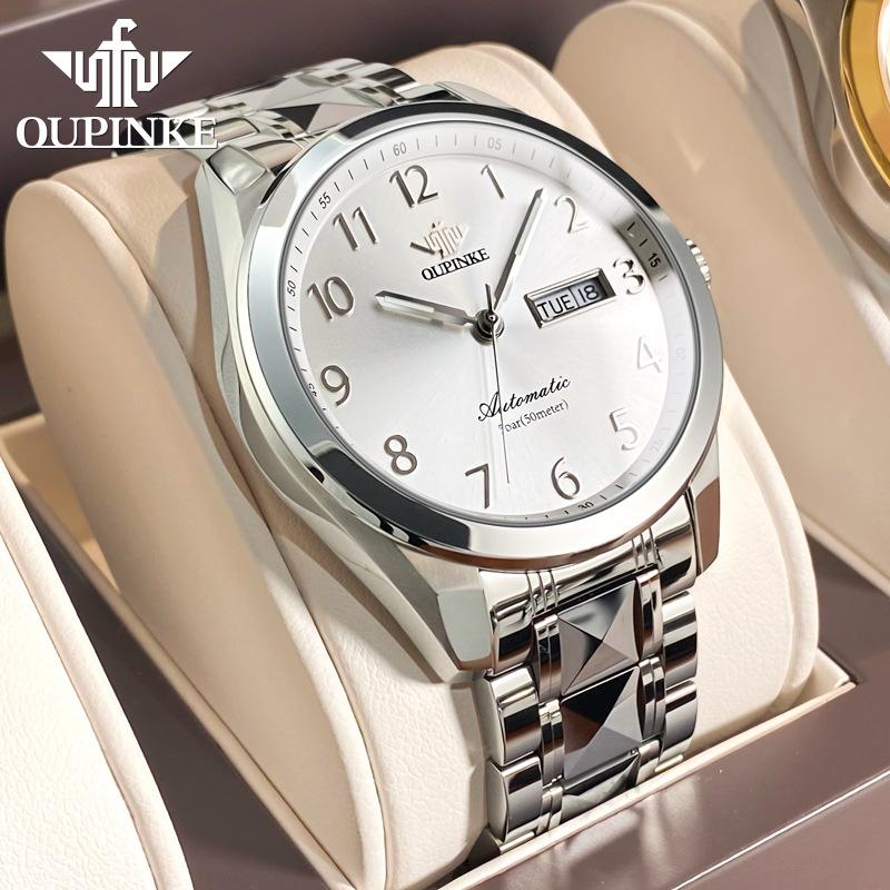 OUPINKE Zegarek męski Automatyczny zegarek mechaniczny Stal nierdzewna Biznesowy podwójny kalendarz Zegarek anty-wysokiej klasy