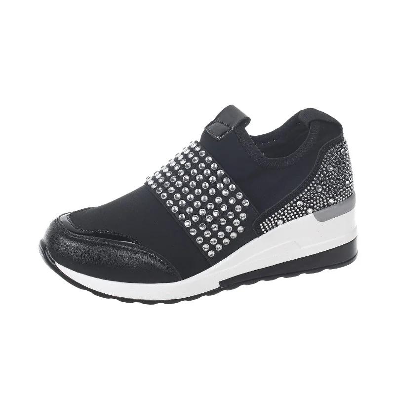 

Korean Wedges Rhinestone Slip on Casual Shoes for Women Round Head Platform Running Shoes Fashion Zapatillas De Mujer Sneaker 36 чорний