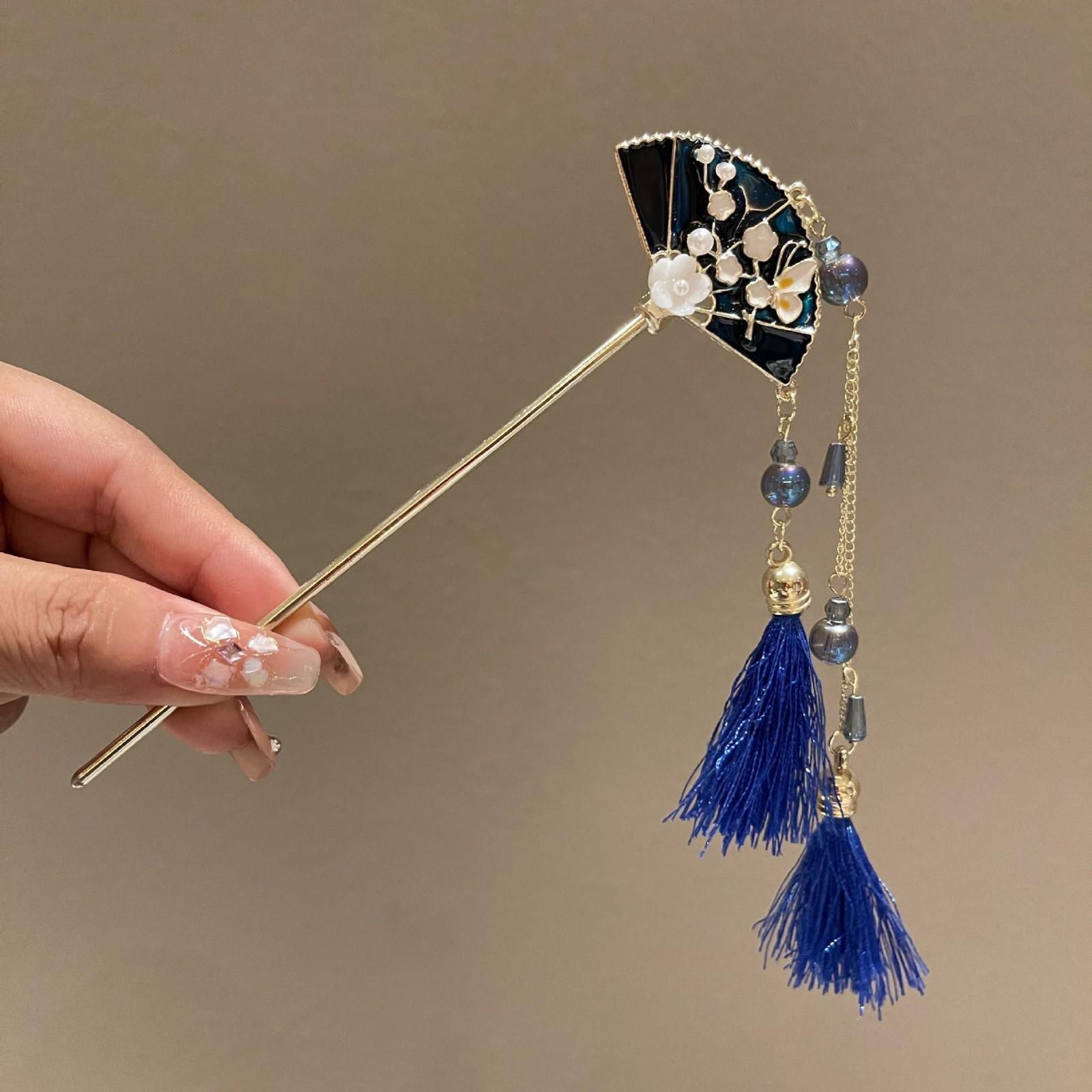 Navy Tassel Hanfu Retro Hairpin - Fan Shape Accessory