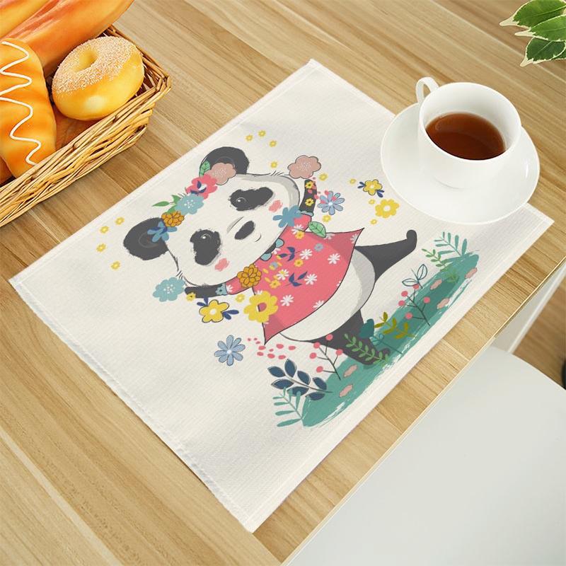 Cartoon Panda Print Linen Dining Table Mats Alphabet Kitchen Placemat 30X45cm Coasters Pads Bowl Cup Mat