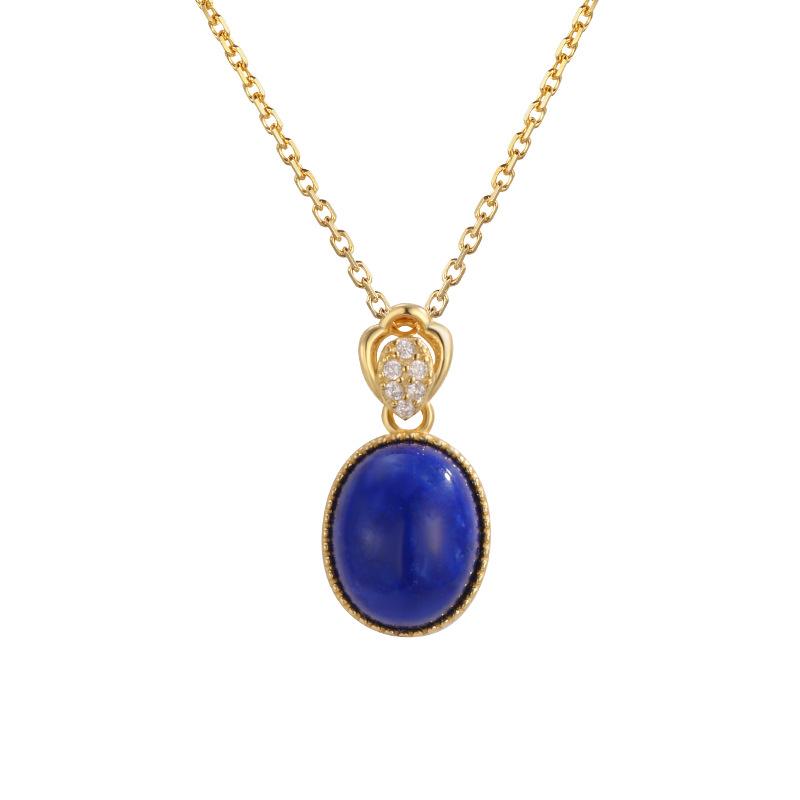 Vintage lapis lazuli necklace women's sterling silver s925 oval egg surface simple high-end collarbone chain niche design daily jewelry gift