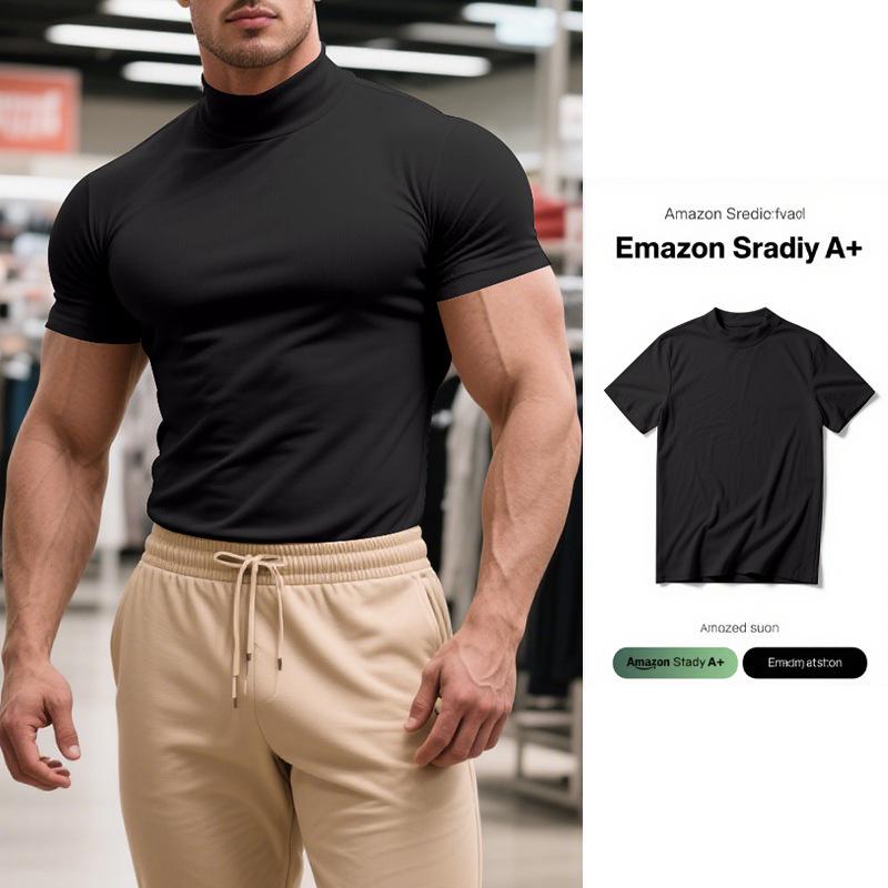 Summer New Men's Casual Semi-High Neck Slim Solid Color T-shirt - European & American Fashion.