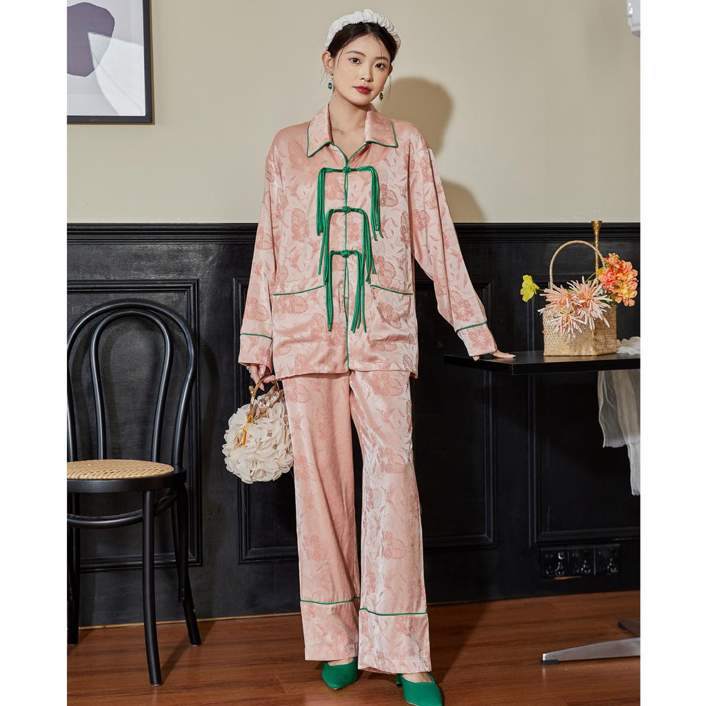 Women's Silk Satin Pajamas Set Chinese Jacquard Tassel Buckle Sleepwear for Women Loungewear 2 Pcs Long Sleeve Pants Home Suit
