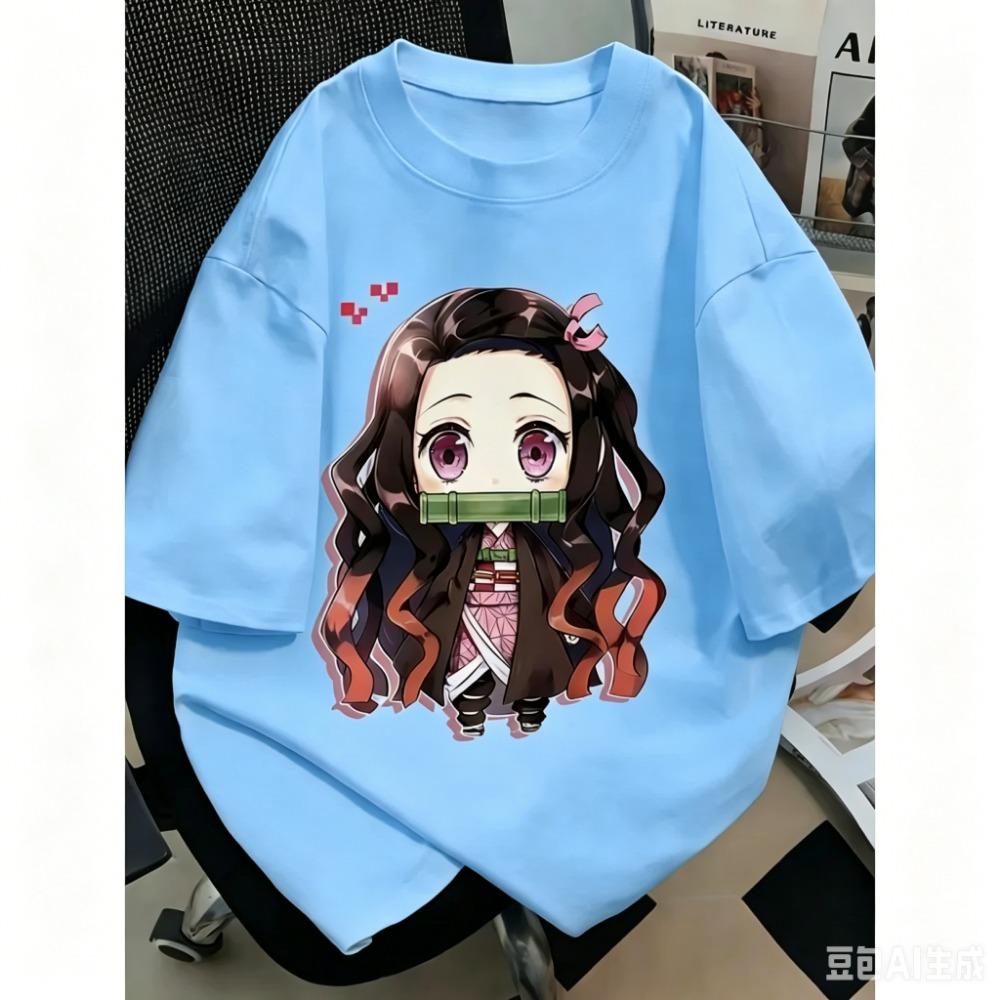 Demon Slayer Nezuko Q Version Cotton T-Shirt, Boys Girls Harajuku Streetwear Anime Short Sleeve Tee, Retro Casual Children Top