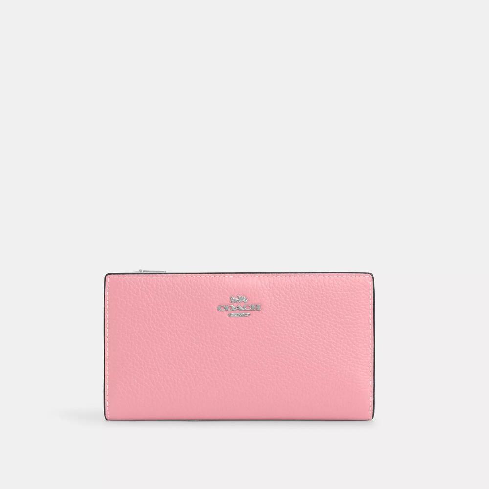 

Тонкий кошелек Coach на молнии, серебряный цветок, розовый