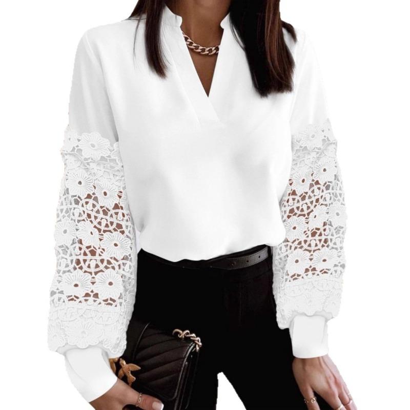 New Spring Autumn Long Sleeve Lace Mesh Patchwork Shirt Fashion V-neck Loose Office Blouse Swet Elegant Streetwear Casual Tops Women's Clothing