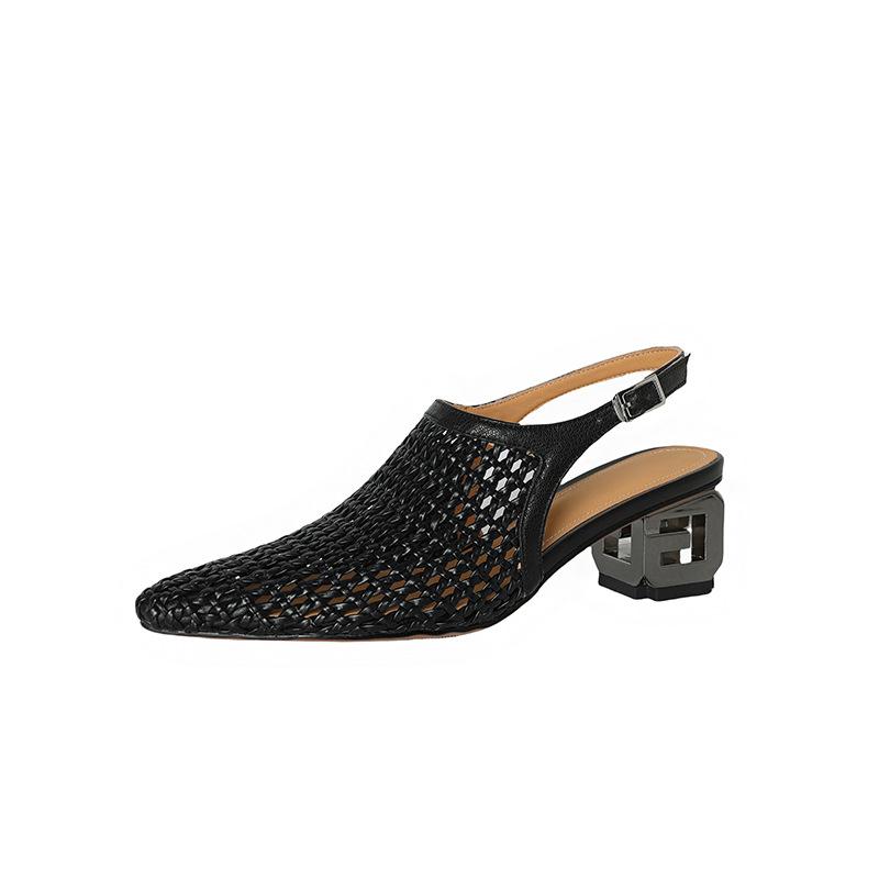 5.5Cm | Woven pointed pointed hollow bag head sandals women's middle heel with Roman shoes 2025 summer new hole