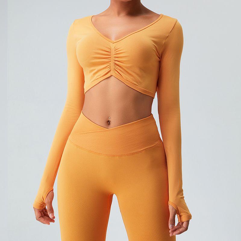 

Фитнес Топ с длинным рукавом Женский Короткий Облегающий Сексуальный Гару Спортивная футболка Бег Ощущение обнаженности Пупок Быстросохнущая Одежда для йоги Mustard Yellow((Without chest pad)) L