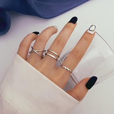 Hiphop Silver Cross Wave Chain Open Rings Set For Women Girls Punk Geometric Simple Finger Rings  Trend Jewelry Party