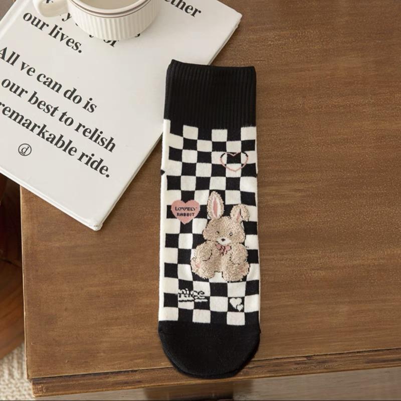 Cute Little Bear Socks, Cartoon Checkerboard Pattern, School Style, Versatile Cotton Socks, Trendy Short Socks