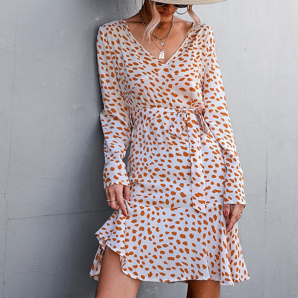 Women's Boho Polka Dot Print V-Neck Long Sleeve Dress