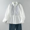 Women's White Stripe Loose Fit Patchwork Cotton Linen Long Sleeve Shirt, Plus Size Available