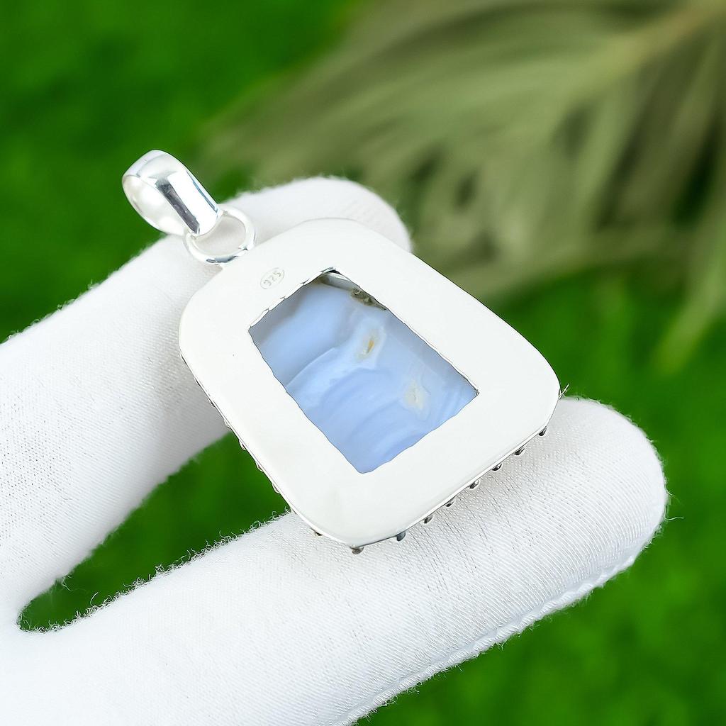 Birthday Gift For Her Natural Blue Lace Agate Gemstone Pendant 925 Silver