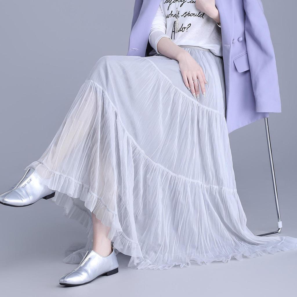 Women's 2026 Retro Ruffled Pleated Mesh Skirt - Slimming Elastic Waist, Early Spring
