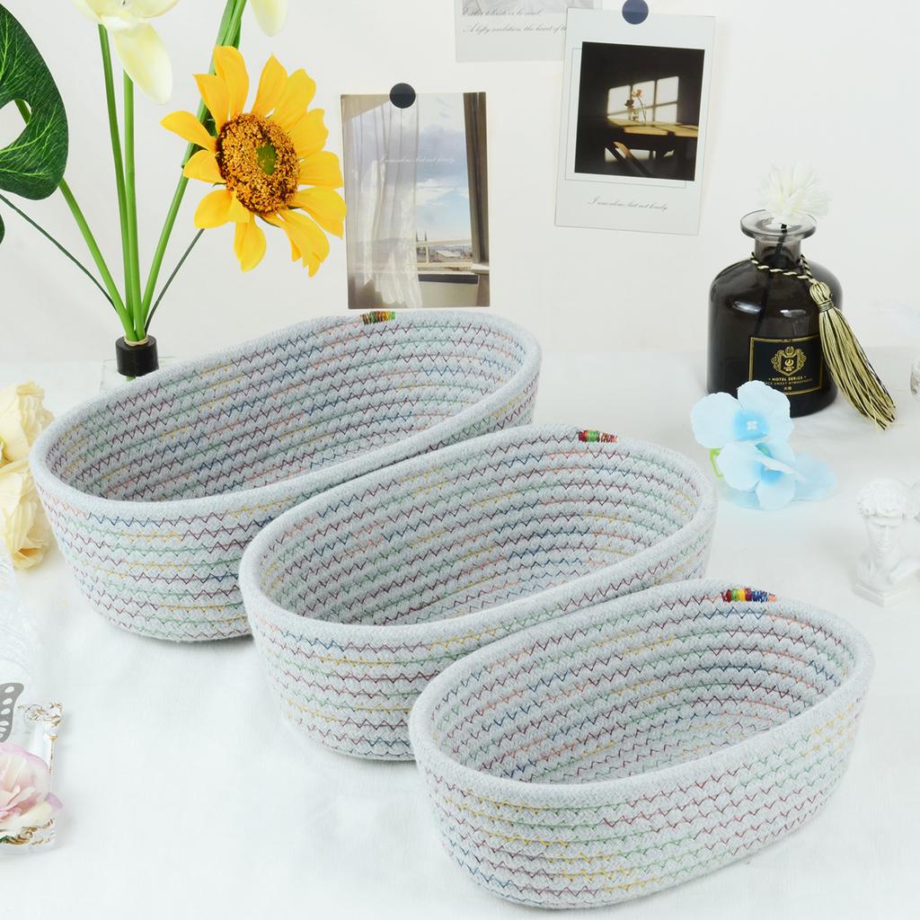 3pcs Cute Storage Baskets for Daily Items, Small Oragnizer Natural Cotton Rope Woven Baskets Bin Tiny Oval Storage Easter Basket