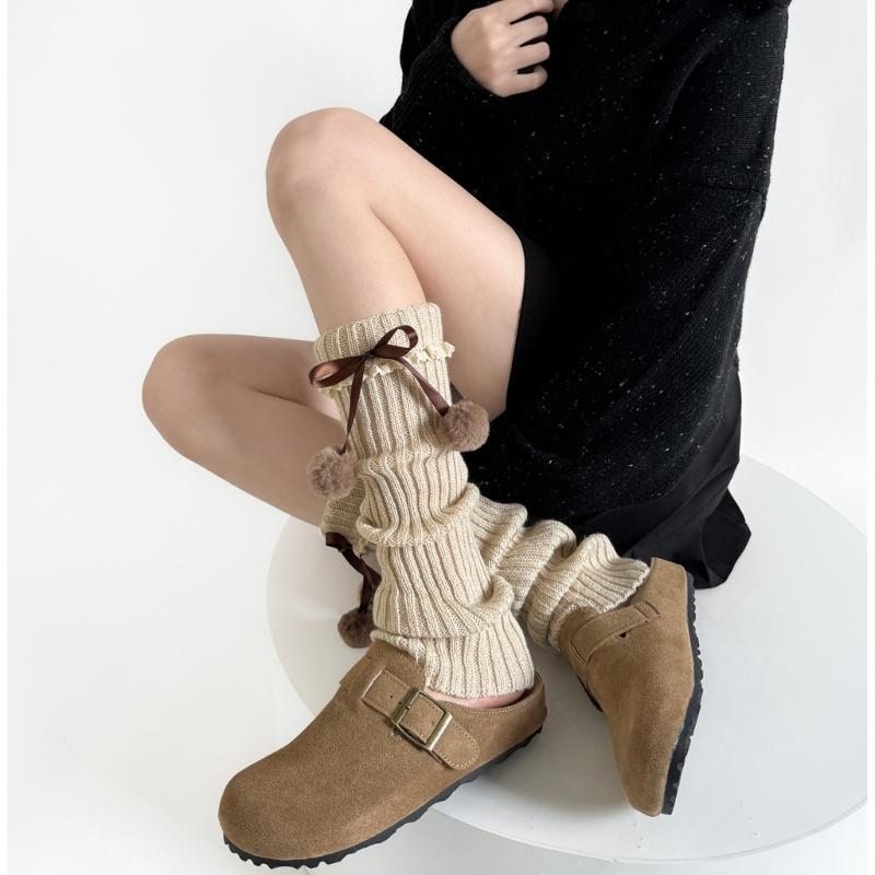 Fashionable Plush Balls Bows Adorned Leg Warmers with Lace Details for Women's Knitted Turn Cuffs Leg Covers Sleeves