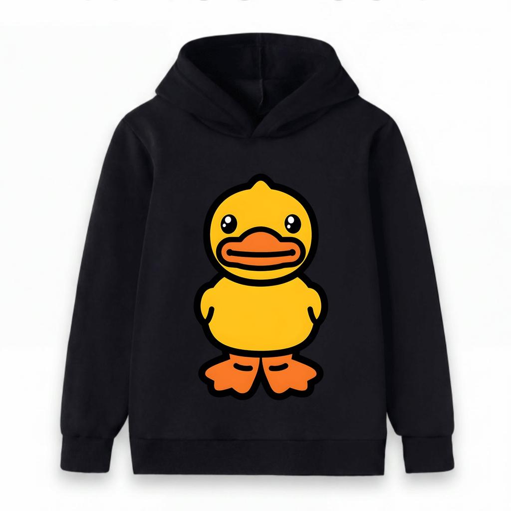 Cute Cartoon Yellow Duck Print Kids Hooded Sweatshirt, Casual Long Sleeve Pullover Hoodie for Boys Girls, Soft Comfortable Daily Wear Tops Children