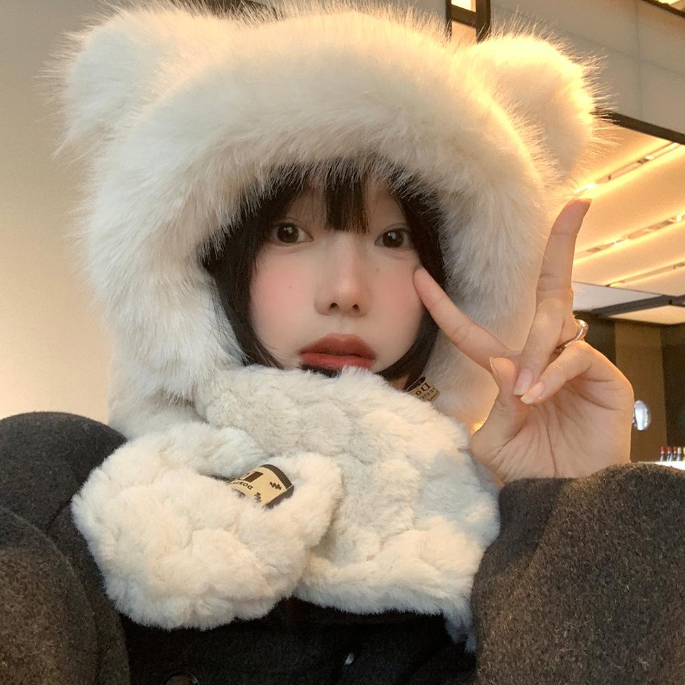 Bear Plush Hat Scarf Integrated Female Autumn and Winter Korean Version Shows a Small and Versatile Face Thickened Warm Ear Protection Lei Feng Hat