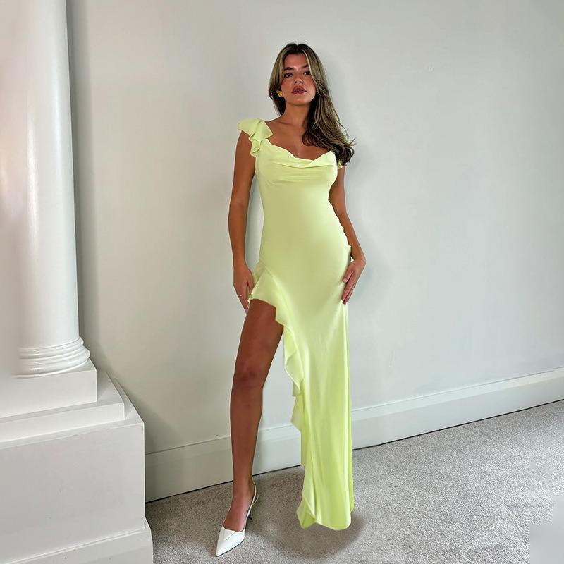 

Women s New Halter Dresses Sexy Swing Collar Ruffles Decorated Hem Open Fork Dresses L светло-зеленый