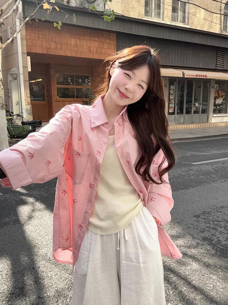 Plus Size Women's Simple Bow Long Sleeve Spring Shirt