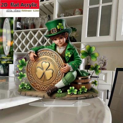 1pc Leprechaun Acrylic Desktop Decor - 2D Flat Printed L-Shaped Design with Golden Four-Leaf Clover Shield, Green Top Hat & Clover Ears - Ideal 