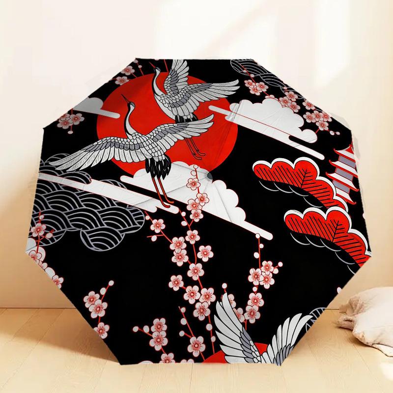 1pc Japanese Cranes Automatic Folding Umbrella, Heavy Duty 8 Rib Iron Frame, Suitable for Travel, Daily Use, Birthday, Decor Gift m0104014