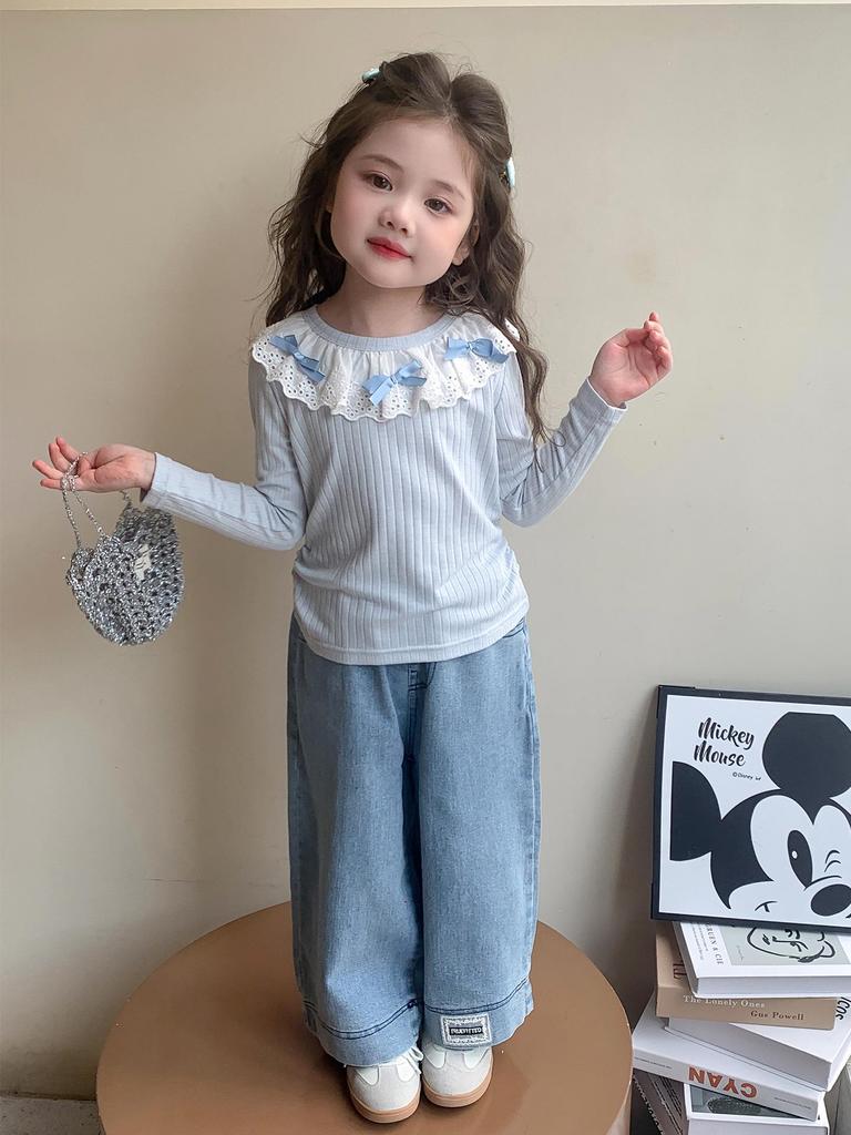 Girls' Lace Base Shirt - Spring/Autumn 2025 New Long Sleeve T-shirt for Kids
