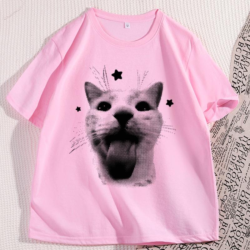 Funny Y2k Cat Tshirt Cool Silly Cats Tee 90s Retro Kitten Vintage Graphic T Shirts Casual Cotton Short Sleeve Round Neck Tees