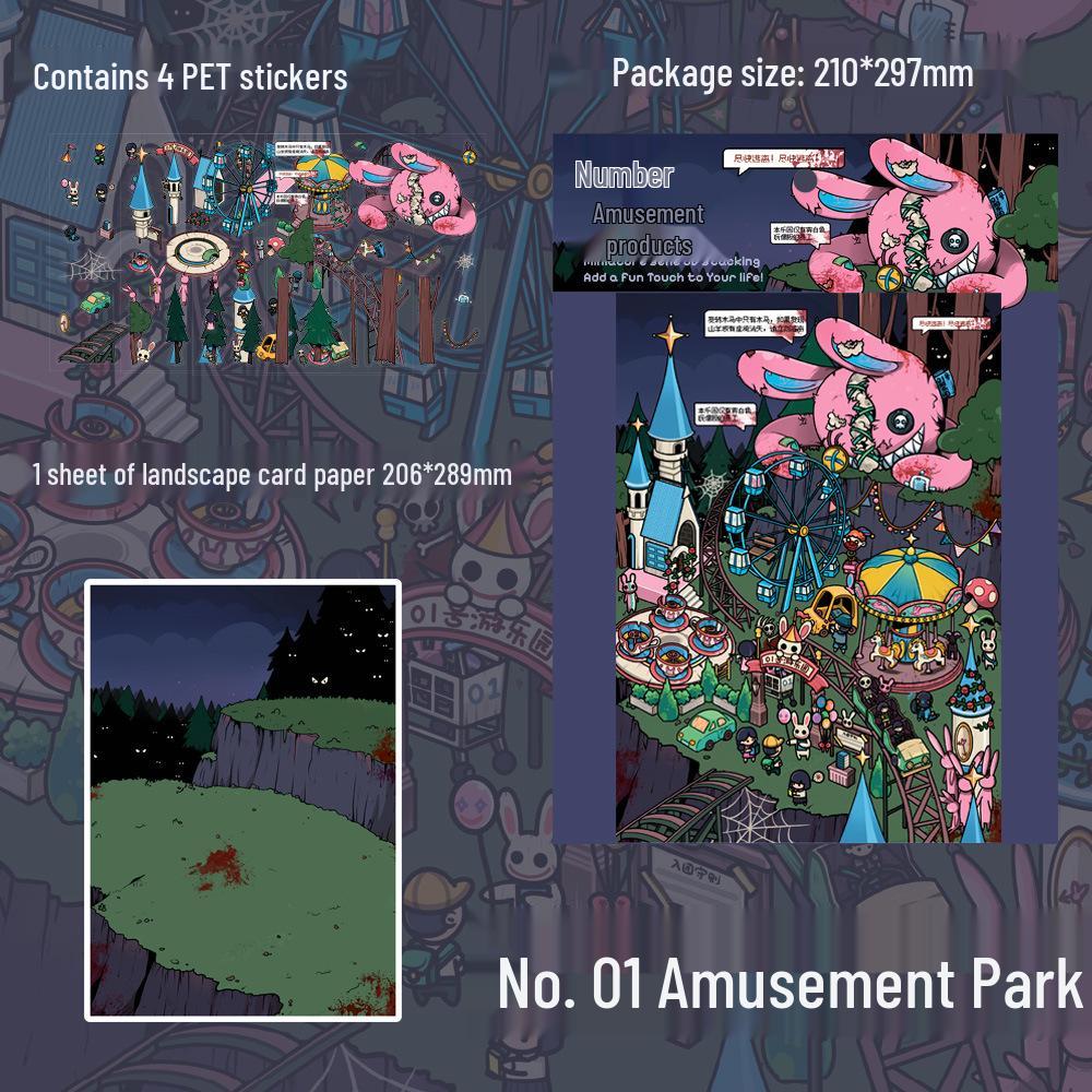 4 PET Sheets: Amusement Park Scenery Stickers - DIY Micro-Horror Series for Creative Journals.