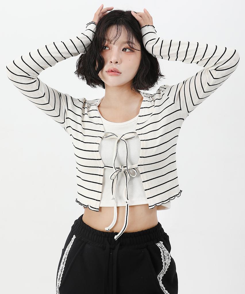 Cattline Striped Ribbon Knit Cardigan